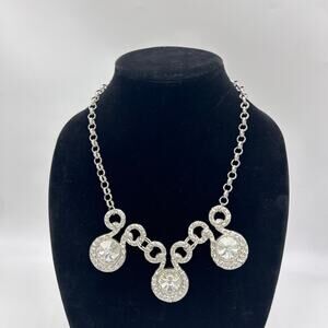 Vintage Silver Tone Chunky Large Rhinestone Necklace Statement Scroll Y2K Party
